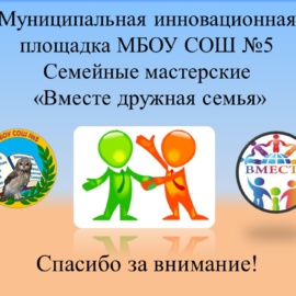 Презентация муниципальной инновационной площадки Семейные мастерские «Вместе дружная семья» Презентация муниципальной инновационной площадки Семейные мастерские «Вместе дружная семья»